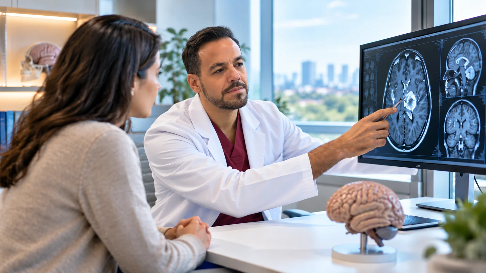 A doctor explaining brain scan findings to a patient