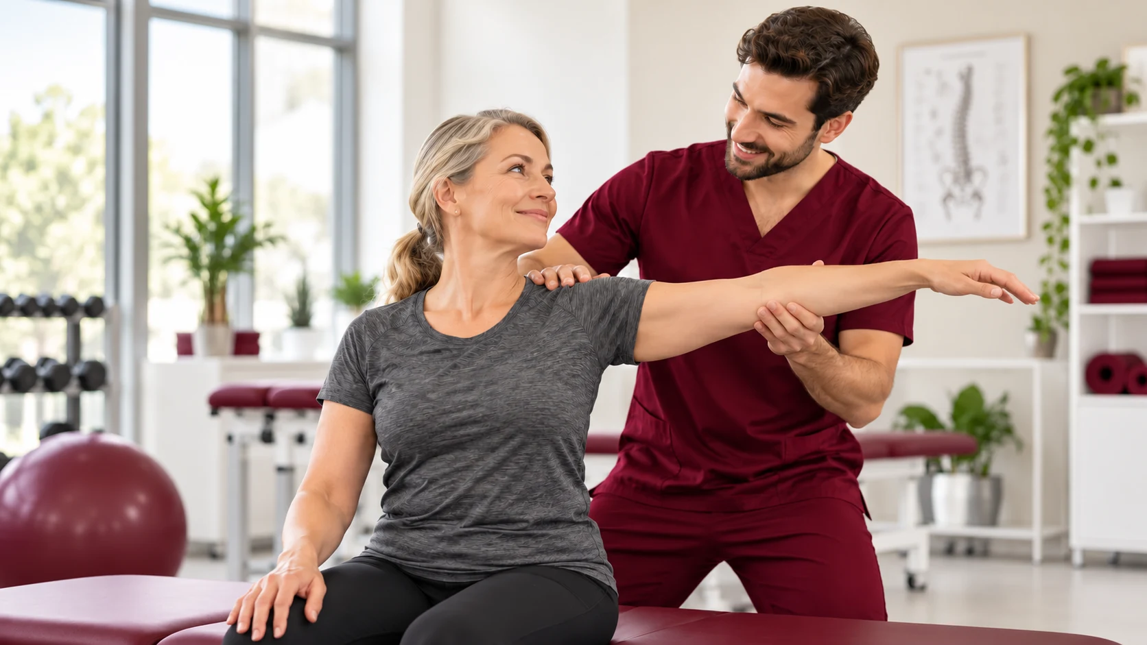 Physiotherapist guiding a patient through an exercise