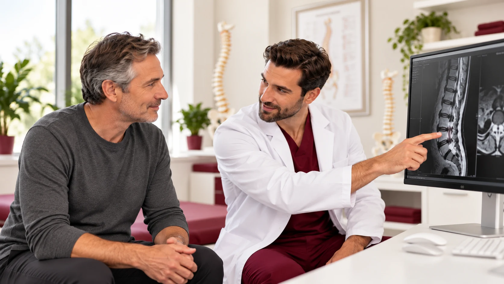 Surgeon discussing scan findings with a patient