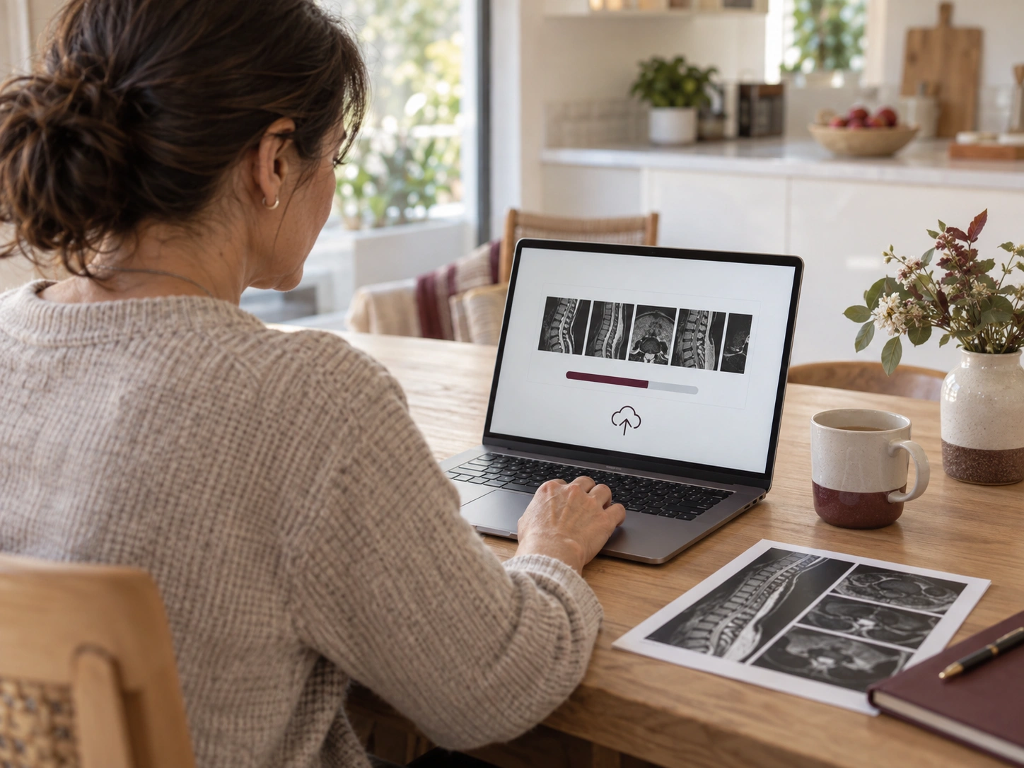 Someone at their kitchen table uploading scan images on a laptop
