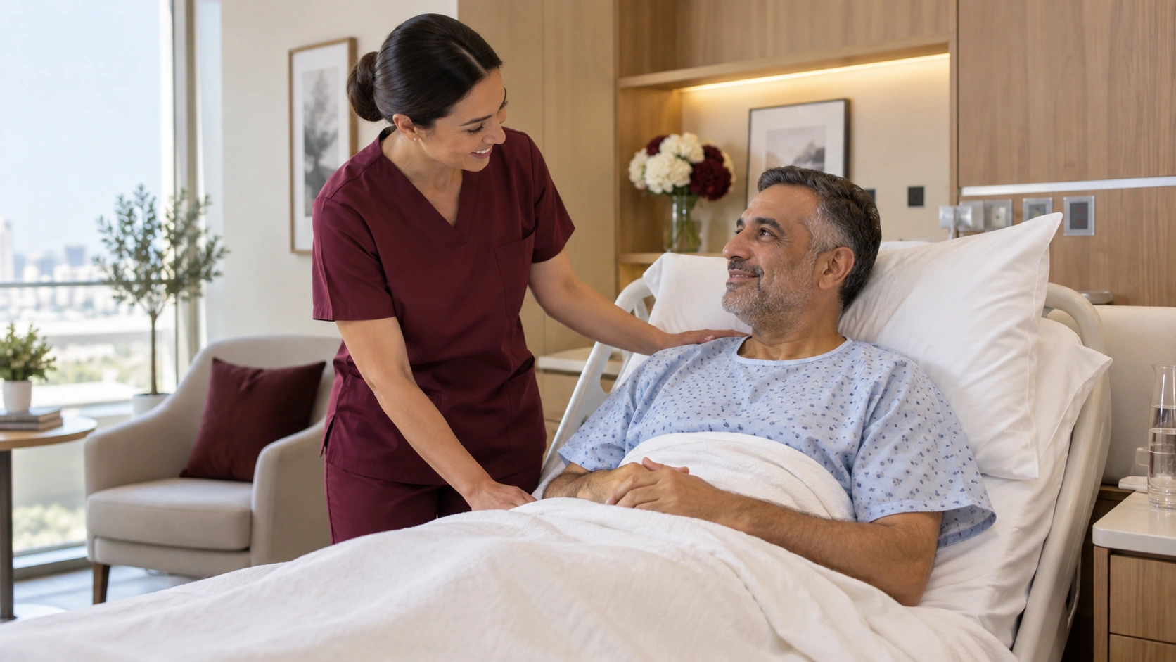 A nurse reassuring a patient in a private hospital room