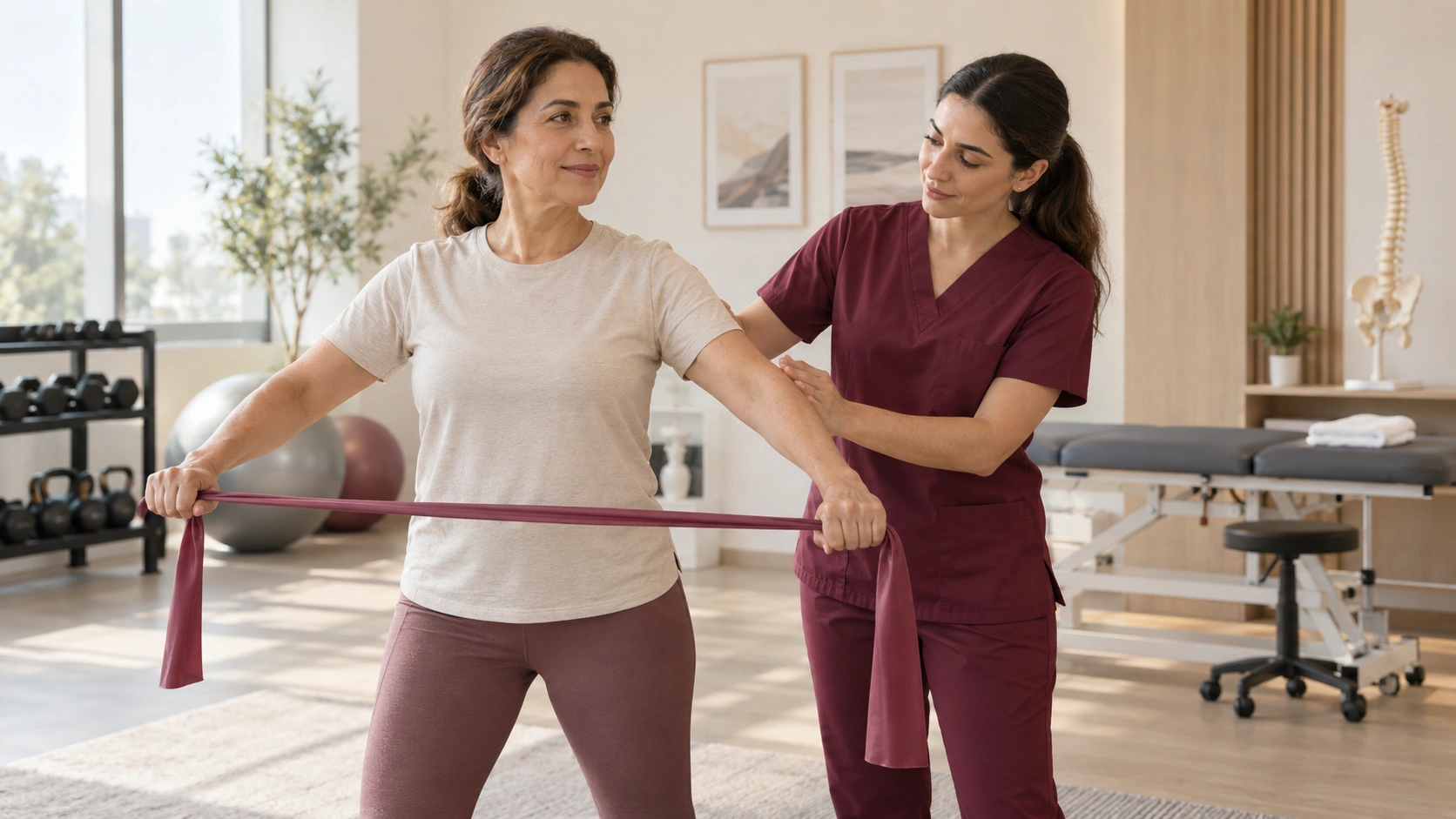 Physiotherapy session, patient doing guided exercises