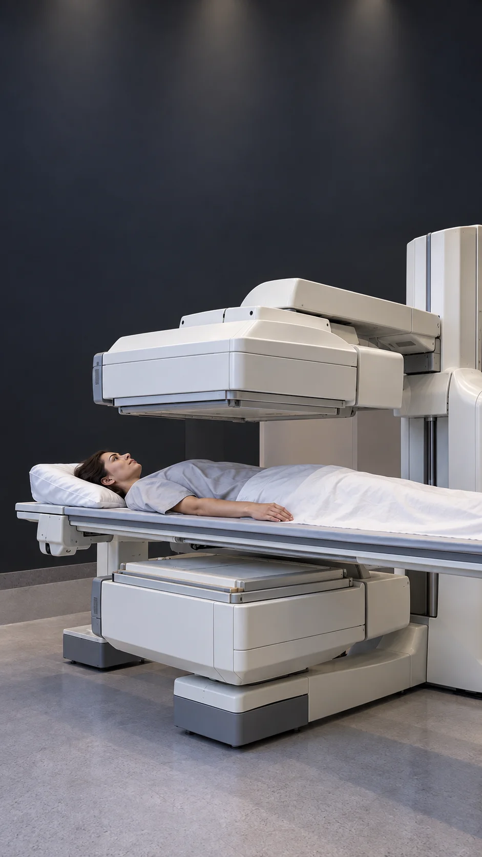 A surgeon reviewing bone scan imaging with a patient