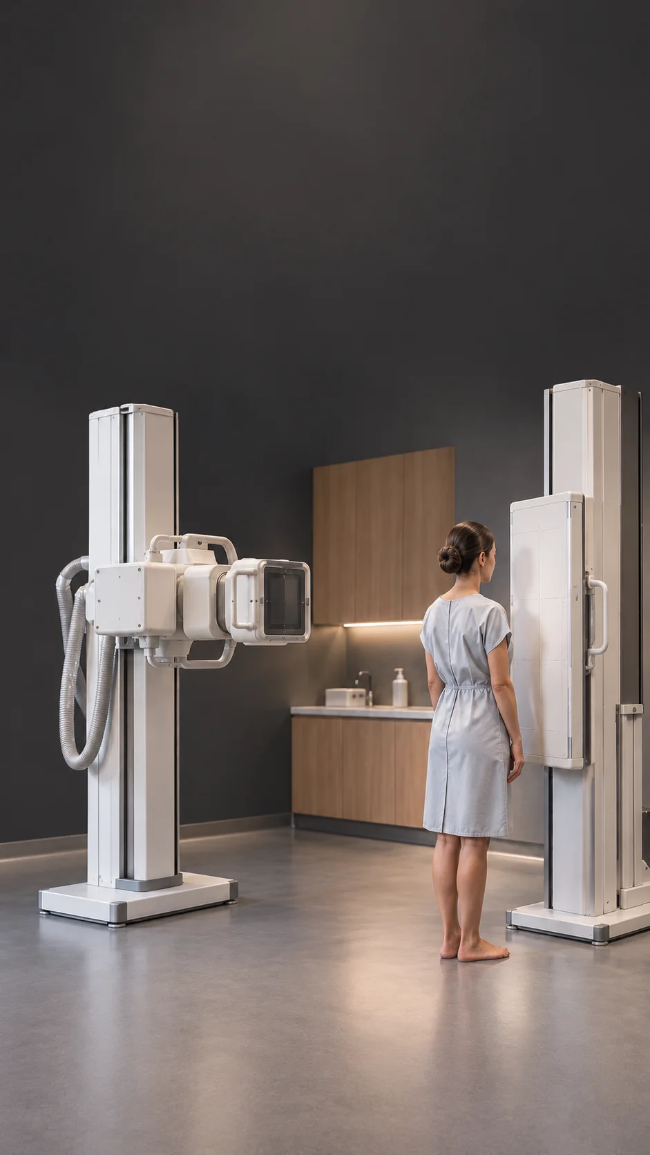 A surgeon reviewing full-spine imaging with a patient