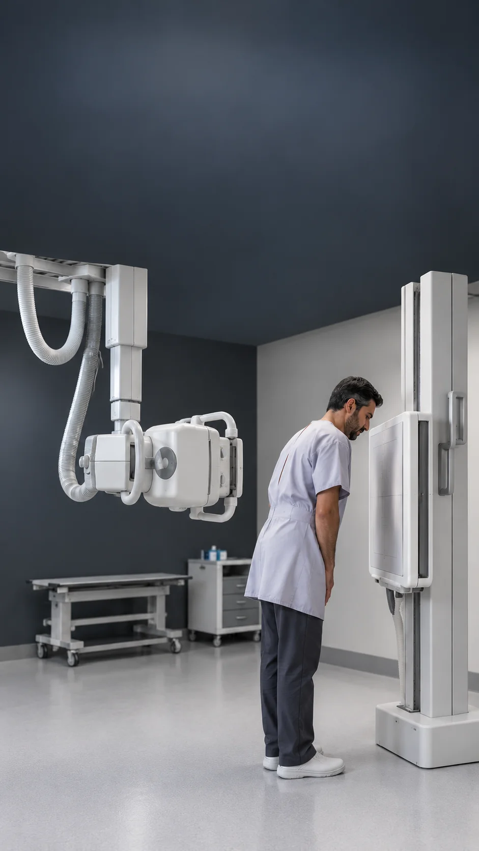 A surgeon reviewing X-ray imaging with a patient