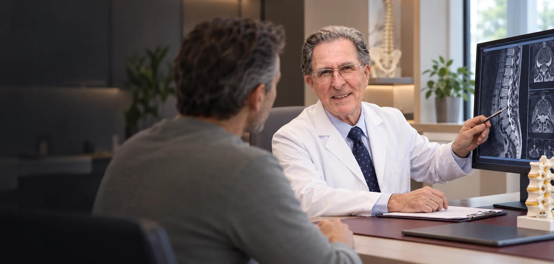 Prof. Dr. Bertagnoli showing spine scan findings to a patient
