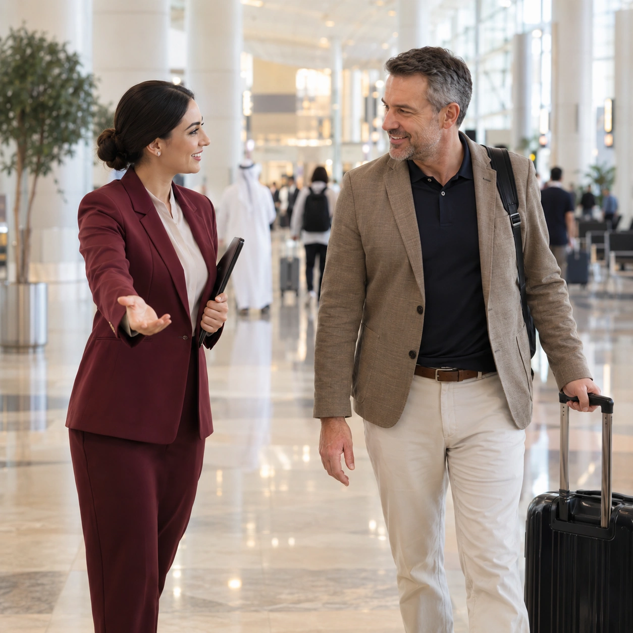 Traveller being met at Dubai airport