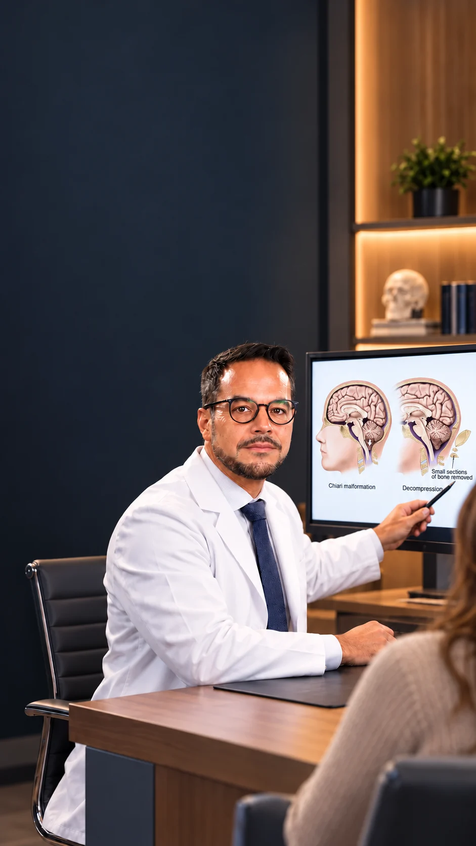 Doctor explaining the supplied Chiari malformation and decompression diagram on a monitor