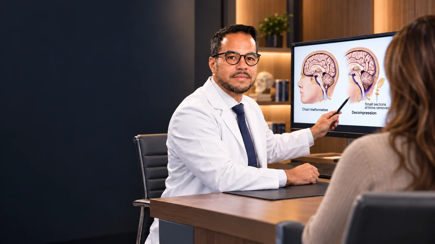 Doctor explaining the supplied Chiari malformation and decompression diagram on a monitor