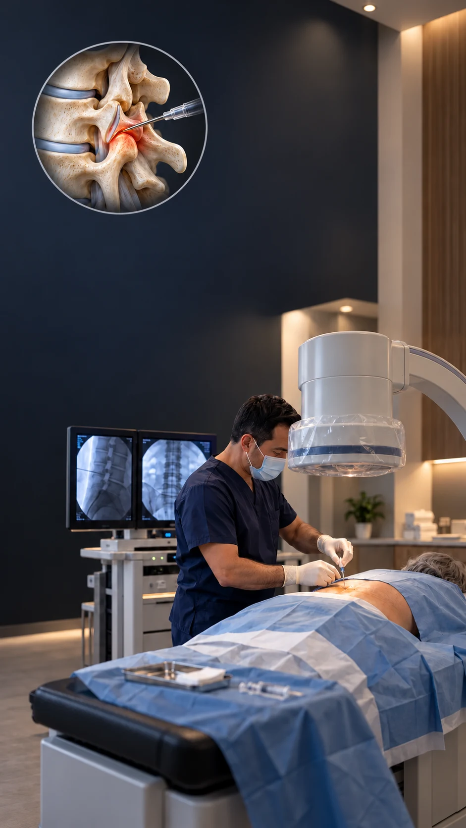Clinical scene with a circular conceptual illustration of a needle targeting a lumbar facet joint