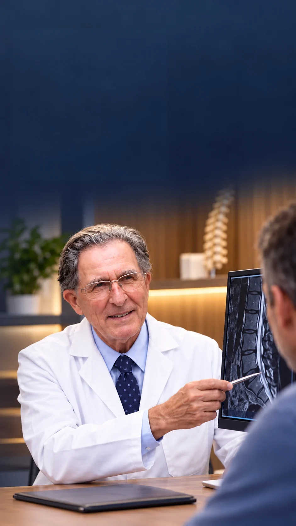 A spine specialist reviewing spinal imaging with a patient