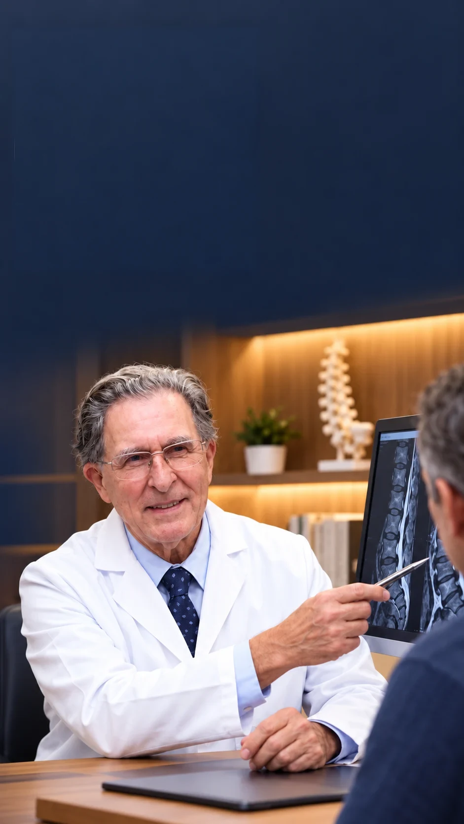 A spine specialist discussing spinal imaging with a patient