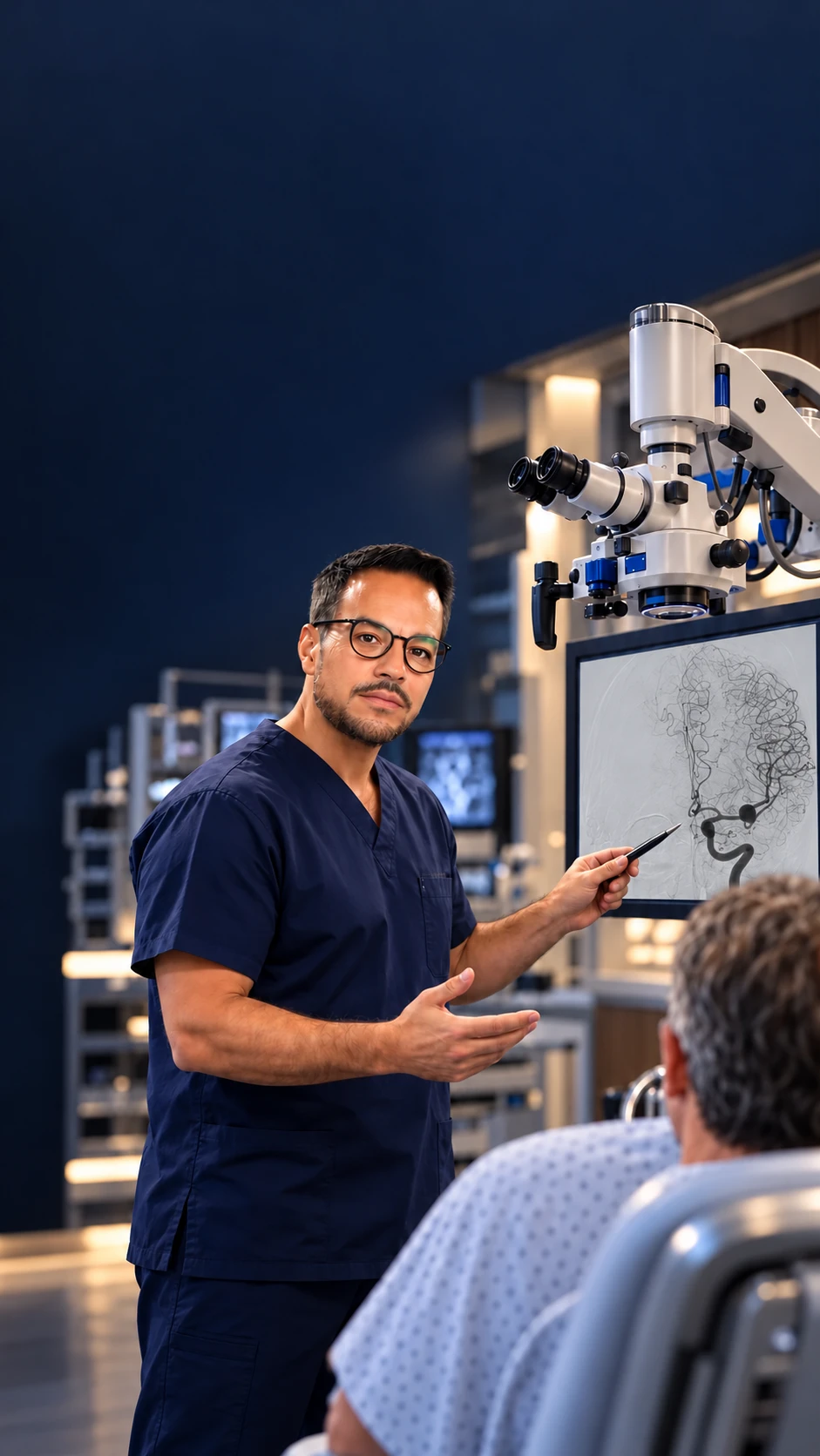 Doctor explaining the supplied cerebral angiogram with an aneurysm on the monitor