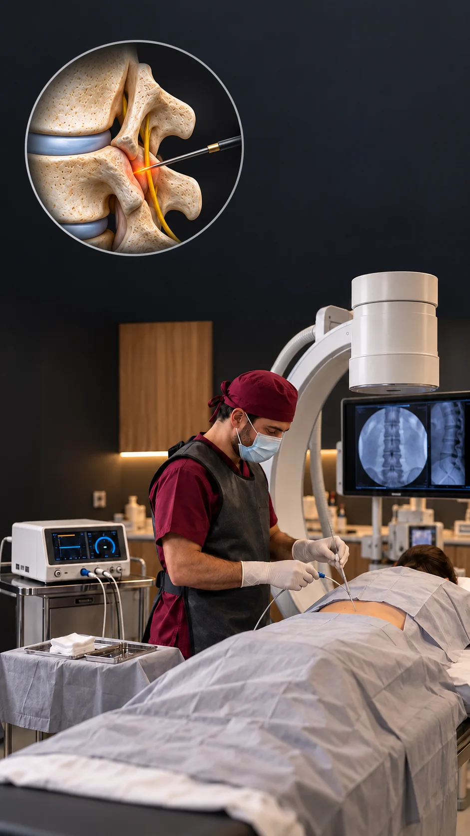 Clinical scene with a circular conceptual illustration of an electrode beside a spinal medial branch nerve
