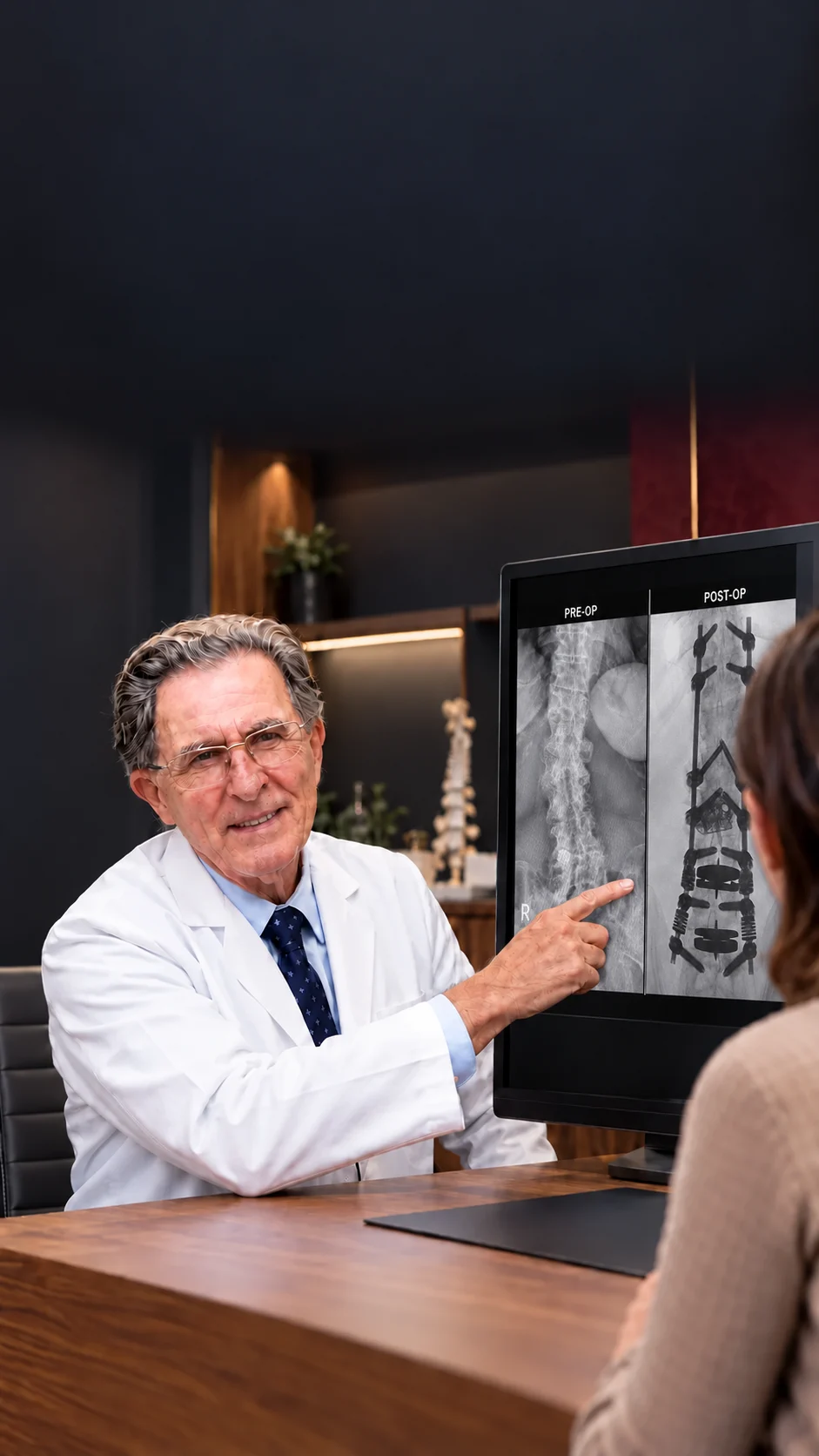 Doctor discussing the supplied before-and-after scoliosis X-rays on a monitor with a patient