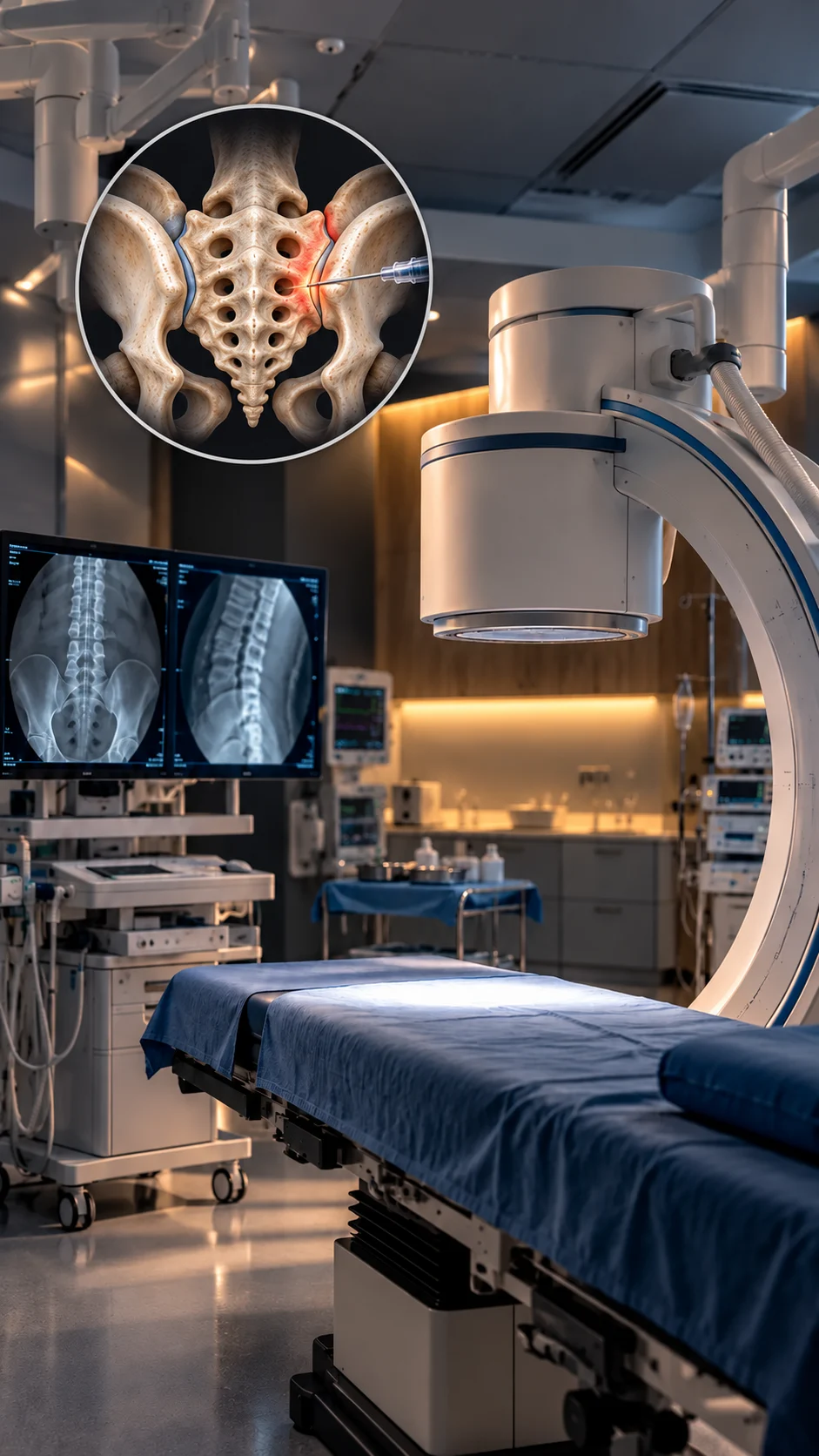 Clinical scene with a circular conceptual illustration of an injection targeting the sacroiliac joint